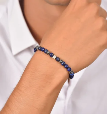 Bracciale in Acciaio con Pietre Blu ed Elementi in Acciaio
