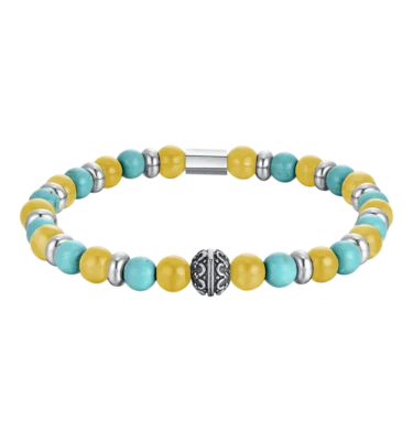 Bracciale Uomo Elastico con Pietre Turchesi e Gialle ed Elementi in Acciaio