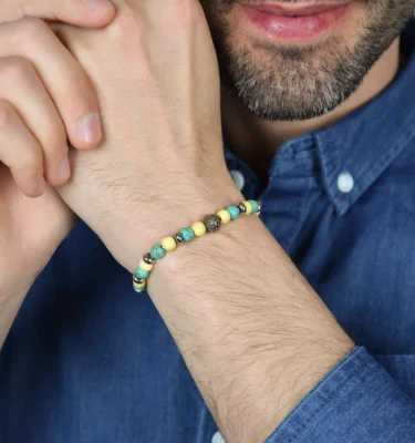 Bracciale Uomo Elastico con Pietre Turchesi e Gialle ed Elementi in Acciaio