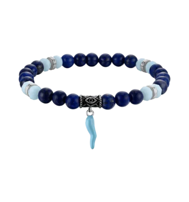Bracciale Uomo con Elastico con Pietre Blu e Azzurre e Corno Turchese