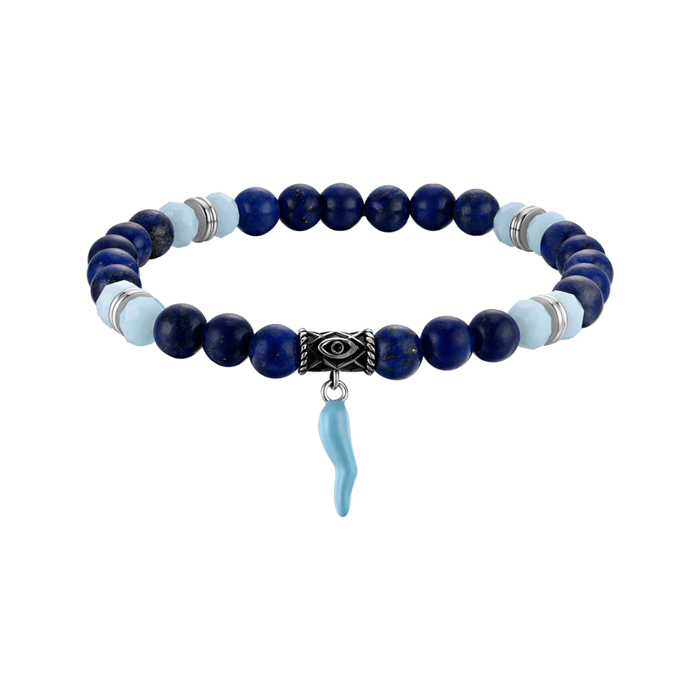 Bracciale Uomo con Elastico con Pietre Blu e Azzurre e Corno Turchese 2 Bracciale Uomo con Elastico con Pietre Blu e Azzurre e Corno Turchese - immagine 2
