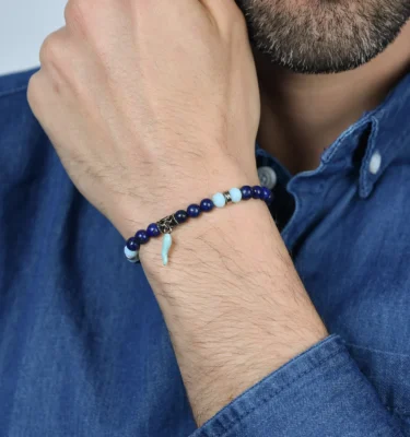 Bracciale Uomo con Elastico con Pietre Blu e Azzurre e Corno Turchese