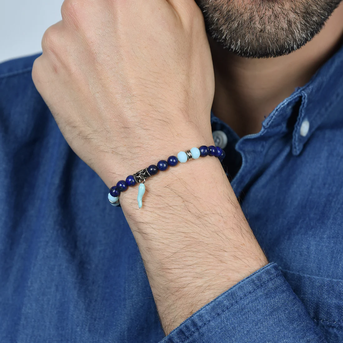 Bracciale Uomo con Elastico con Pietre Blu e Azzurre e Corno Turchese 1 Bracciale Uomo con Elastico con Pietre Blu e Azzurre e Corno Turchese