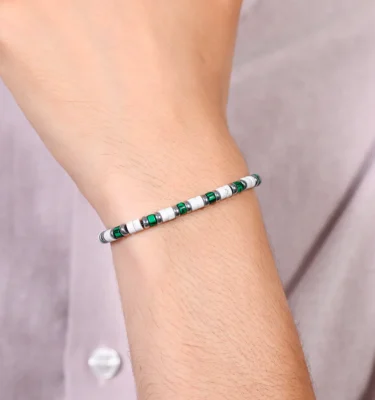 Bracciale Uomo in Acciaio Pietre Bianche e Verdi