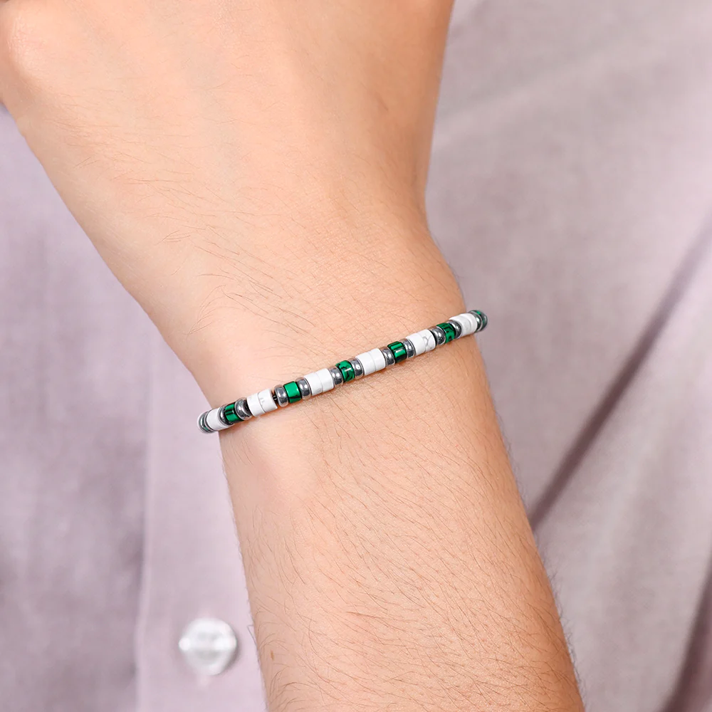 Bracciale Uomo in Acciaio Pietre Bianche e Verdi 1 Bracciale Uomo in Acciaio Pietre Bianche e Verdi