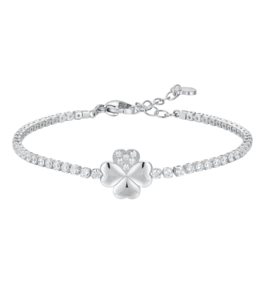 Bracciale Tennis Donna in Acciaio con Quadrifoglio e Punti Luce Zircone Bianco