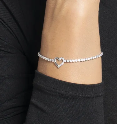 Bracciale Tennis Donna in Acciaio con Cuore e Punti Luce Zircone Bianco