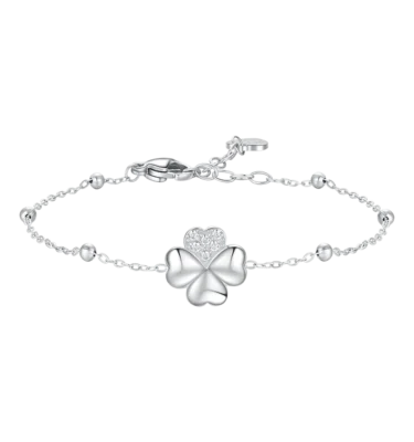 Bracciale Donna in Acciaio con Quadrifoglio e Punti Luce di Zircone Bianco